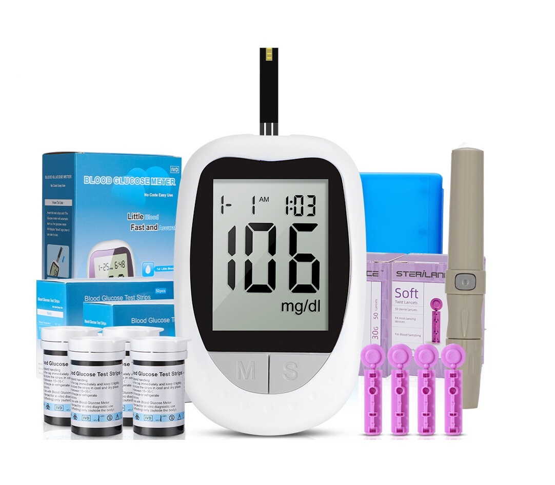 Set Glucometru IVD KH100, cu 50 Teste si 50 Ace, Dispozitiv de Intepare, Instant mg/dL, Code Free, Portabil, Control Diabet Alb 